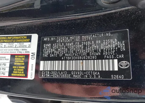 2011 Toyota Camry Xle V6 from USA, damaged, VIN 4T1BK3EK6BU628280